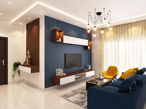 Contemporary and cozy living room interior with elegant decor in Bangalore.